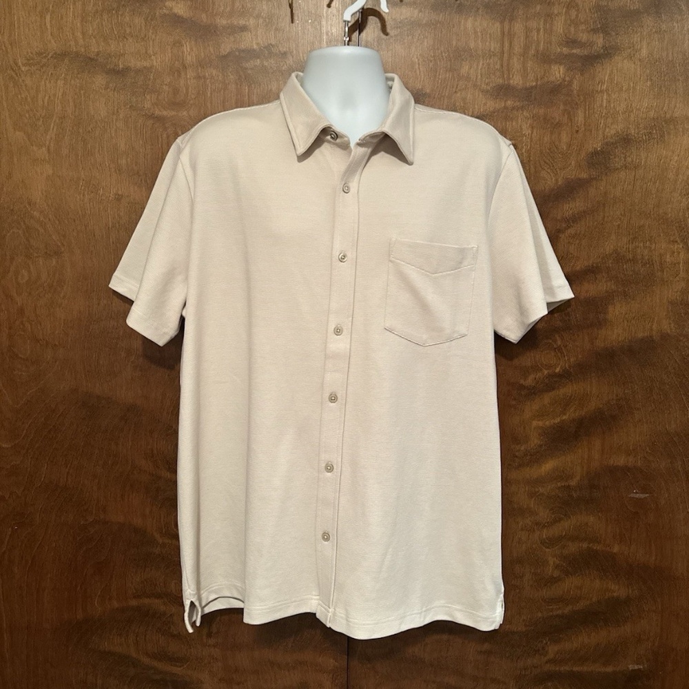 Ben Sherman Short Sleeve Ribbed Button Down Shirt Mens XL Tan Cotton Blend Knit